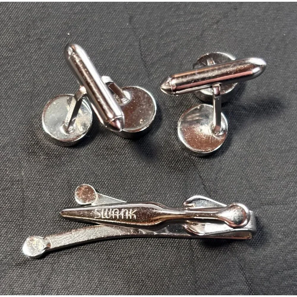 Swank Silver Tone Cufflinks and Tie Clip Set Stylish Round Design Vintage 70s